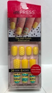 Impress Gel Manicure Press on Nails Short yellow dots, with stripe floral accent - Picture 1 of 1