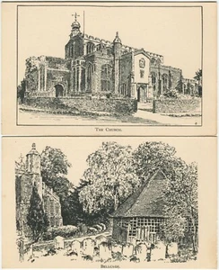2 CARDS - THE CHURCH, BELLCAGE, WOODCUT, CHARLES E FLOWER - Suffolk Art Postcard - Picture 1 of 2