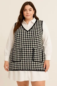 Eloquii Elements Damenpullover Hahnentritt Oberteil schwarz weiß Gr. 18 adrett Retro - Bild 1 von 13