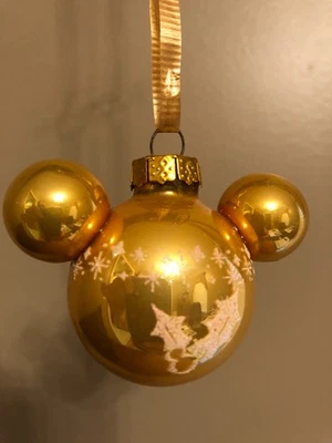Disney Mickey Mouse Ears Icon Christmas GOLD Miniature Ornament Glass With Holly - Image 1 of 4