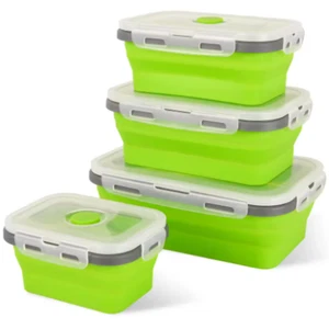4 Pcs Green Silicone Collapsible Square Food Storage Container Bowls with Lids - Picture 1 of 6
