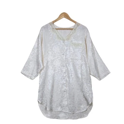 Adonna Satin Gown Sleep Shirt sz M Ivory Floral Cream Lace Accents Button Front - Image 1 of 4