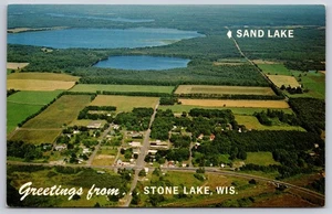Postal cromada de saludos desde Stone Lake Sand Lake Wisconsin con vista aérea - Imagen 1 de 3