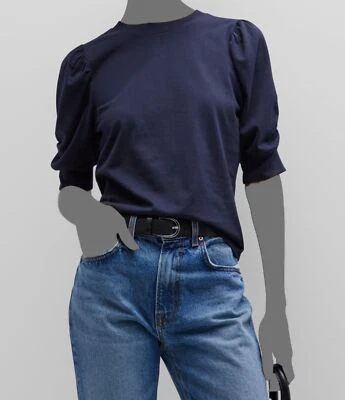 Camiseta Top Frame Para Mujer Azul Frankie Acanalada Manga Abullonada Cuello Redondo Talla XS Foto 1 de 4