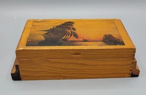 Vintage Wood Hinged Lid Candy Box Decoupage Ship Barricini Candies Brooklyn NY - Picture 1 of 13