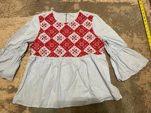 Crown & Ivy Damen 3/4 Ärmel Tunika Shirt Top Bluse blau weiß rot M gebraucht, in einwandfreiem Zustand - Bild 1 von 6