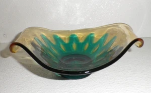 "Tazón de vidrio artístico plato vintage soplado a mano MCM manijado margarita flor azul verde 8" - Imagen 1 de 4