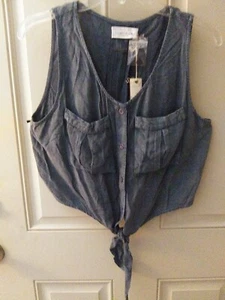 NWT Mustard Seed Large Sleeveless Crop Top Button Up W/ Knot Hem Pockets $39.00 - Picture 1 of 9