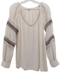 O’Neill Cream Peasant Blouse Size M Beaded Crochet V-Neck - Picture 1 of 7
