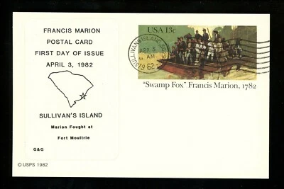 US FDC #UX94 G&G Label 1982 Sullivan SC " Swamp Fox " Marion Card Unofficial - Image 1 of 2