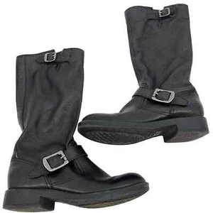 Frye Veronica Slouch Boots Moto Boys Size 1 Black Leather Pull-On Buckle - Picture 1 of 10