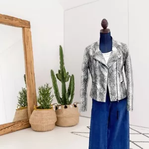BLANK NYC Women's M Faux Leather Snakeskin Print Moto Jacket Zip Front Gray - Picture 1 of 9