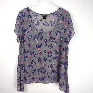 Torrid Sheer Blouse 1 Gray Purple Floral Short Sleeve - Picture 1 of 9