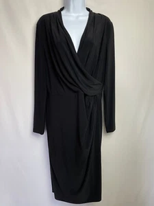 Lauren Ralph Lauren Midi Faux Wrap Dress Size 12 Black Long Sleeve V Neck Party - Picture 1 of 7