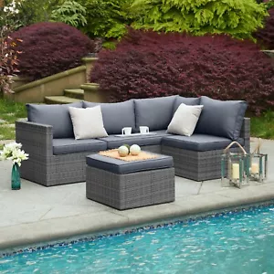 6 Seater Rattan Garden Corner Sofa Set Outdoor Furniture Grey Thick Cushions - Picture 1 of 16