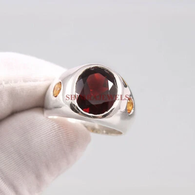 Anello In Argento Sterling 925 Con Gemma Di Granato E Citrino Per Uomo #273 - Immagine 1 di 4