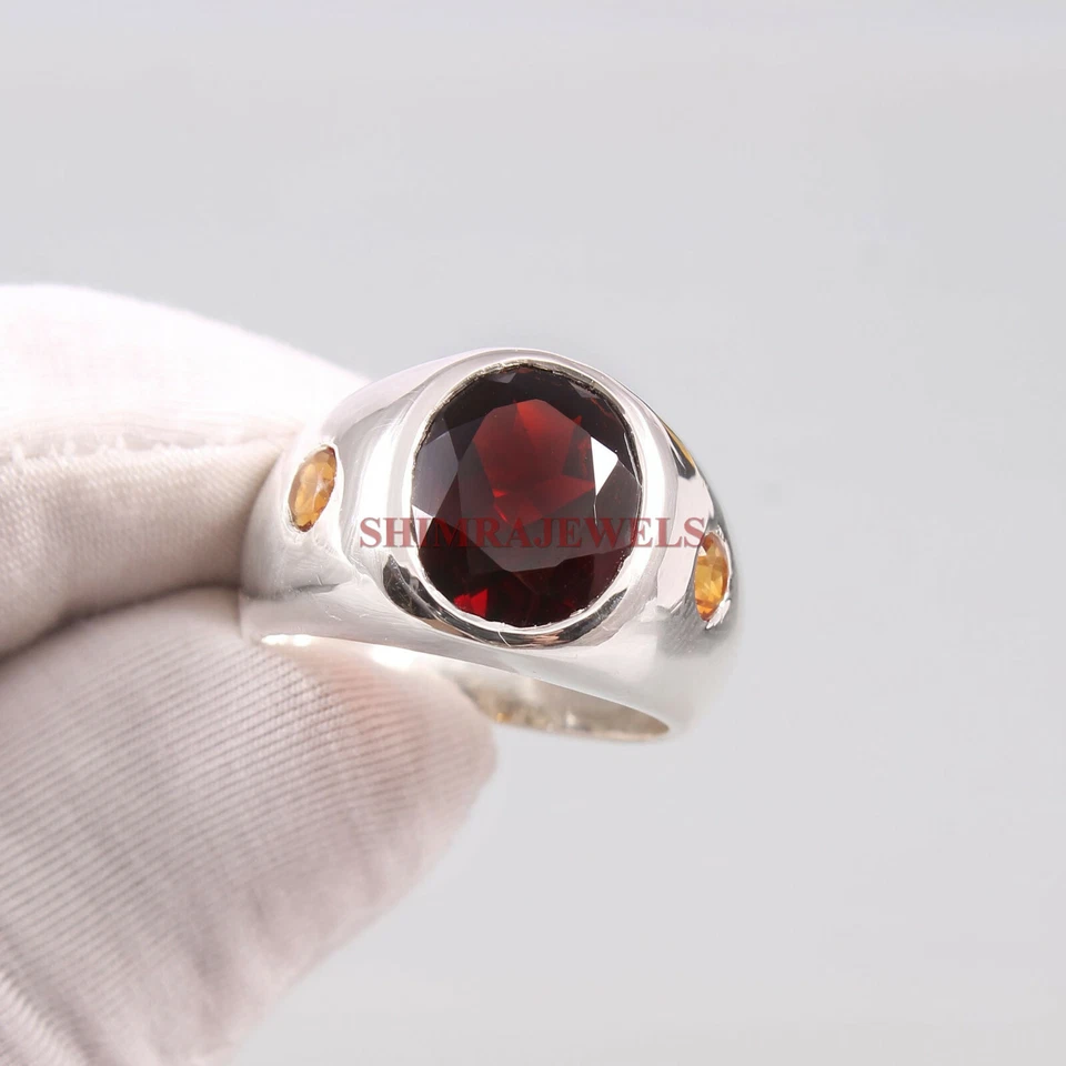 Anello In Argento Sterling 925 Con Gemma Di Granato E Citrino Per Uomo #273 - Immagine 1 di 4