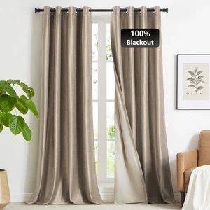 100% Blackout Taupe Velvet Curtains 95 Inch Long 2 Panels for Living Room, Be... - Picture 1 of 7