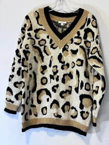 JODIFL Brown and Black V-Neck Sweater with Animal Print Medium Fall Winter - Picture 1 of 4