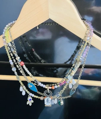 Multi Strand Beaded Charm Necklace Statement Pearls Rhinestone Gold Tone Boho - Image 1 of 4