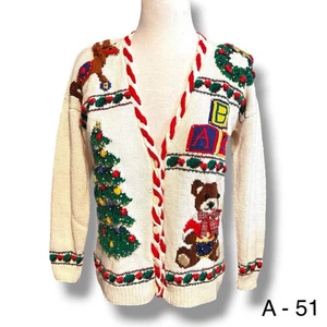 1993 Marisa Christina Ugly Christmas Cardigan Sweater XL Teddy Bear Tree Teacher - Picture 1 of 9