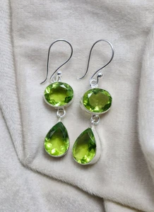 925 Sterling Silver With Peridot Gemstone Earrings Double Drop Design Jewelryv - Picture 1 of 7