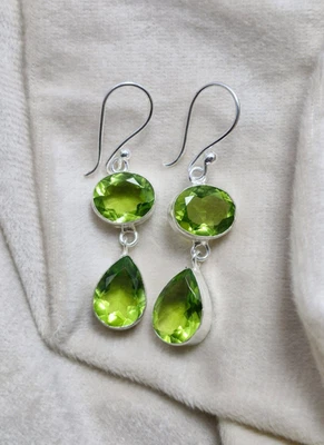 925 Sterling Silver With Peridot Gemstone Earrings Double Drop Design Jewelryv - Image 1 of 4