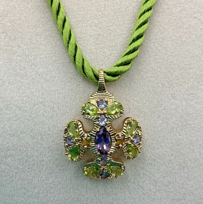14k Gold Maltese Cross Amethyst Peridot Pendant Silk Cord Necklace Lobster Clasp - Image 1 of 4