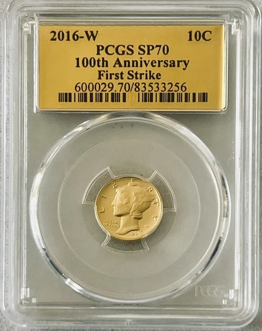 🔥2016-W 10C MERCURY DIME 1/10TH OZ 24K GOLD PCGS SP70 100TH ANNIV FIRST STRIKE Cover
