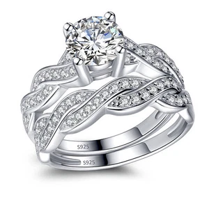 Anillos de compromiso de plata real para mujeres únicos anillos de boda corte redondo CZ conjunto de novia - Imagen 1 de 9
