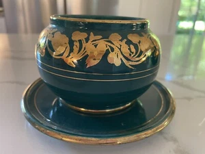 Vintage Sadler 1615 Green And Gold 3” X 4.5” Bowl & 5.5” Under plate - Picture 1 of 10