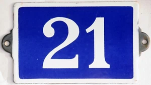 Old blue French house number 21 door gate plate plaque enamel metal sign steel - Picture 1 of 1