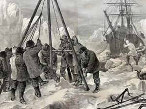 Large antique engraving of arctic exploration cutting a way out of the ice 1875 - Picture 1 of 5