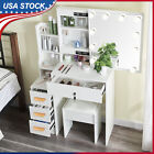 Modern Vanity Table 10Led Sliding Mirror With Stool Drawers Storage Cabinet