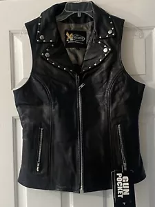 New Black Xelement Women's XL Leather Studded Motorcycle Biker Vest -Gun Pocket - Picture 1 of 15