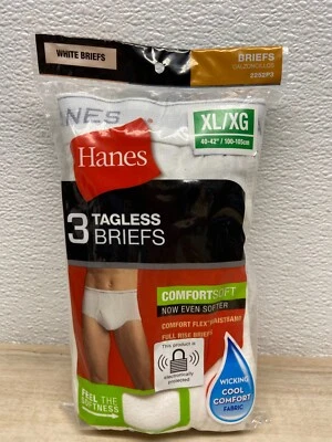 Hanes Mens 3pc 100% Cotton White Underweare Tagless Briefs Size: XL / XG Sealed - Image 1 of 4