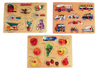 3 Wooden Peg Puzzles, Vehicles, Fruit and Garden. Early Learning Educational Toy