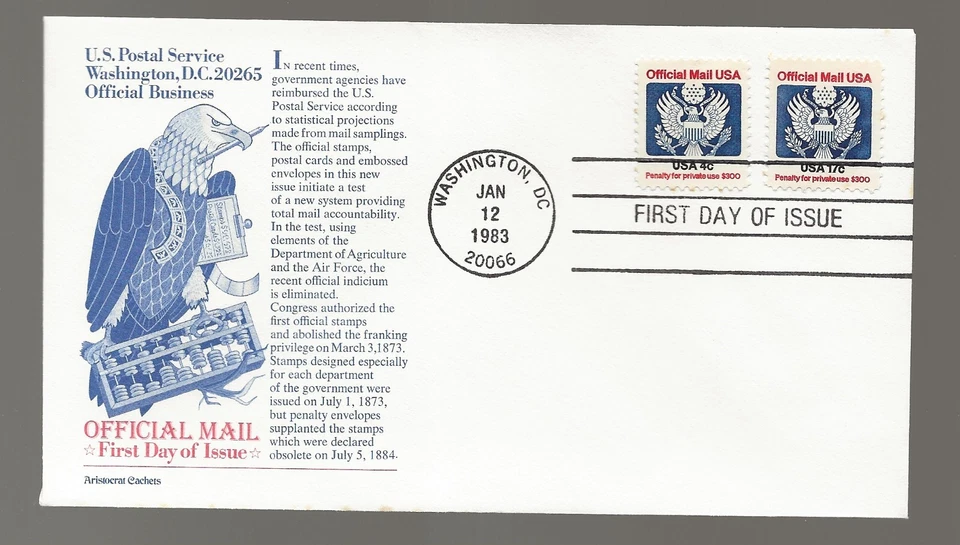 US Scott #O128 & O130, First Day Cover 1/12/83 Washington Singles Official - Image 1 of 1