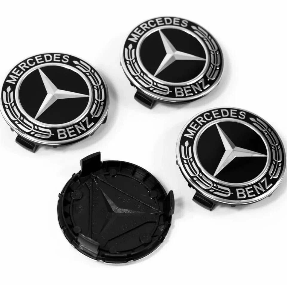 SET OF 4 Mercedes-Benz 75MM Classic Black Wheel Rims Center Hub Caps AMG Wreath - Image 1 of 1