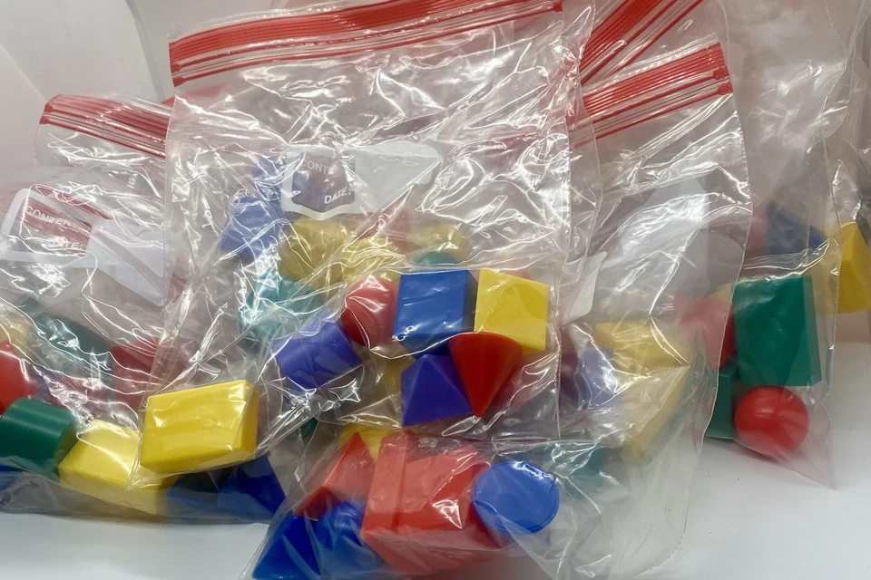 Sets Of 7  Mini Geometric Solids 3 Dimensional  Geometry Kids 13 Bags  Math Fun - Image 1 of 4