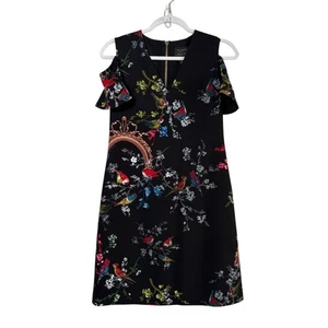 Ted Baker Keosha Cold Shoulder Shift Dress Ted Size 1 US 4 Black Floral Bird Zip - Picture 1 of 12