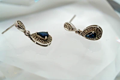 复古纯银蓝宝石吊坠耳环 1.8 厘米 JB24 — 第 1/4 张图片