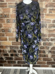 M & S CLASSIC BLACK/VIOLET/GREEN DEVORE L/S DRESS SIZE 20 NWT - Picture 1 of 13