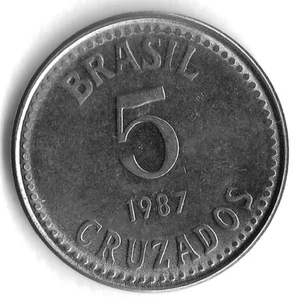1987 Brazil 5 Cruzados World Coin - KM# 606 - Picture 1 of 2