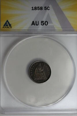 1858  .05    ANACS   AU 50    Half Dime, Seated Liberty Half Dime - Image 1 of 2