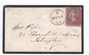 1857 QV FINE 1d PENNY RED STAMP ON LONDON TINY MOURNING COVER TO ISLINGTON - Picture 1 of 3