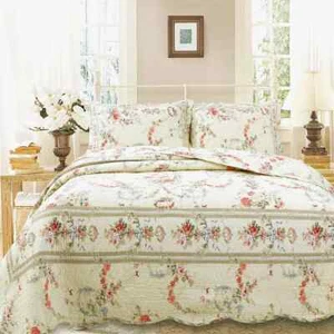 NEW! ~ COZY SHABBY CHIC CREAM YELLOW PINK BLUE LEAF ROMANTIC RED ROSE QUILT SET - Picture 1 of 4