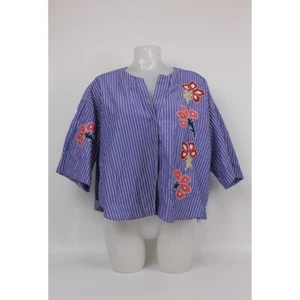 Zara Woman Blouse Size Large Oversized Embroidered Blue & White Striped Article - Picture 1 of 10