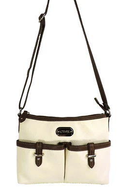 CHAPS Ivory and Brown Crossbody Bag Handbag Purse Pebbled Faux Leather Zip Close - Image 1 of 4