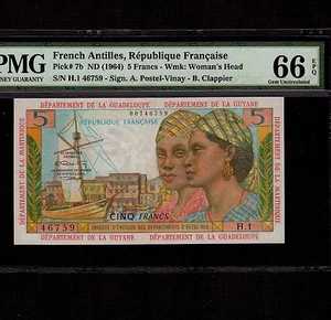 Antille Francesi 5 Franchi 1964 P-7b * PMG Gemma Unc 66 EPQ * Condizioni Rarissime * - Foto 1 di 2